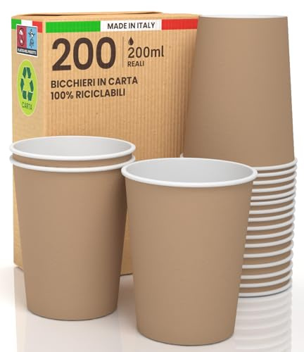 200 vasos de papel color habana 200 ml ecológicos biodegradables desechables, fabricados en Italia, para bebidas calientes de agua, fabricado y envasado en Italia