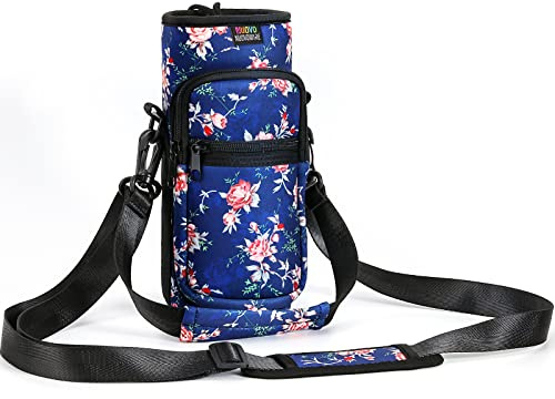 Nuovoware Sac à Bouteille en Néoprène, 750ml Porte-Bouteille avec Bandoulière Dragonne Ajustable, Sac Fourre-Tout avec 2 Poche, Accessoire Parfait pour Voyage Randonnée Camping - Pivoine Bleu