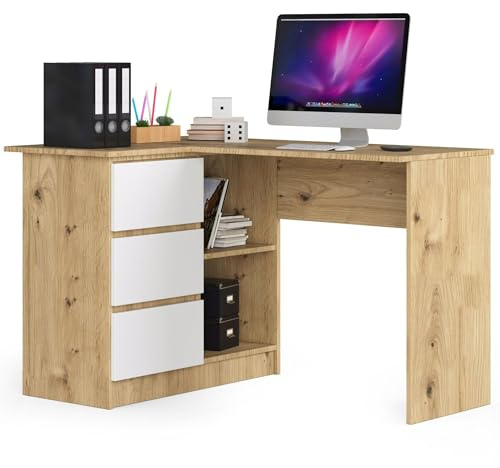 AKORD Eck-Schreibtisch B-16 mit 3 Schubladen und 2 Ablagen | Schreibtisch | ecktisch | Eck Schreibtisch für Home Office | Einfache Montage | B124 x H77 x T85, 48 kg Eiche Artisan & Weiß Front