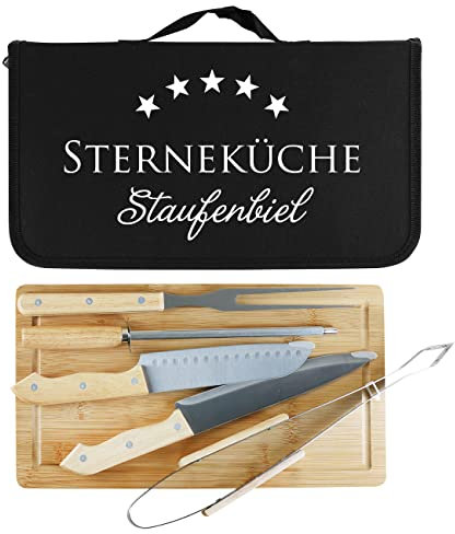 Herz & Heim® Grillbesteckset 7-teilig, inkl. Holzbrettchen und personalisierter Tasche, Verschiedene Motive zur Wahl Sterneküche
