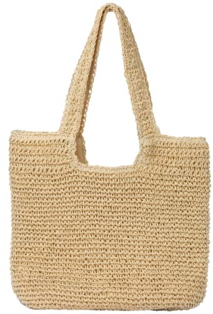 GOLDTIMO Beach Bags for Women - Summer Soft Large Woven Shoulder Purse Handbag, Beach Tote Straw Bag for Summer Vacation, Beige