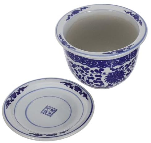 Yardwe Blue and White Porcelain Flower Pot Ceramic Planter with Drainage Hole and Saucer Tray Indoor Plant Pot for Succulents Office Balcony Home Decor