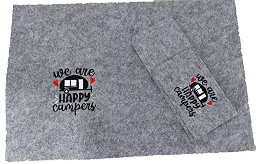 Camping 4er-Set 2 Bestecktaschen + 2Platzsetz Tischdeko personalisiert Geschenk (Wohnwagen, anthrazit)
