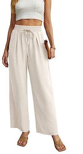 QIXING Weite Hosen Damen High Waist Palazzo Hose Gerade mit Taschen Yoga Stoffhose Damen Elegant Sommer Damenhose mit Gummizug (Elfenbein, M)