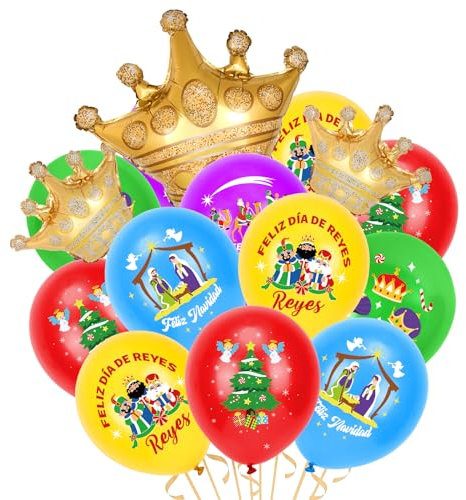DPKOW Globos Reyes Magos Navidad, 28 Globos de Látex Navideños Reyes Magos Globo de Corona de Aluminio Dorado para Día de Reyes Fiesta Decoración Adornos Navidad Cumpleaños Fiesta Suministros