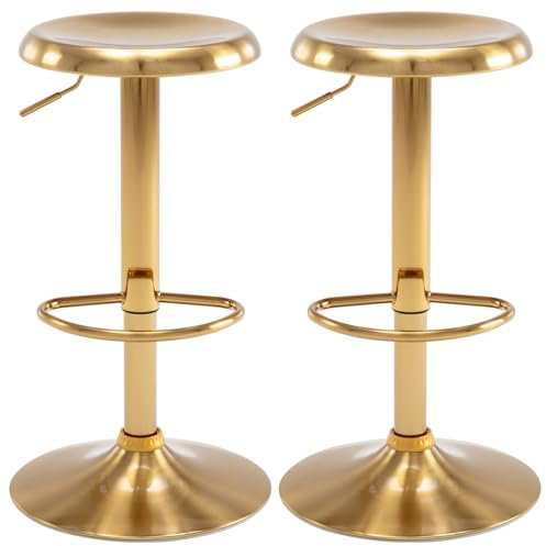 Brage Living Adjustable Bar Stools Set of 2, Swivel Round Metal Airlift Barstools, Backless Counter Height Bar Chairs for Kitchen Dining Room Pub Cafe (Gold)
