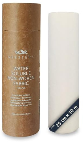 NESSTERS Stickvlies Wasserlöslich 40gsm, 25cm x 10m Rolle für Handstickerei, Maschinenstickerei, Wasserlösliches Stickvlies für Nähen & Sticken, Weiß - Perfekt für Näher & Sticker
