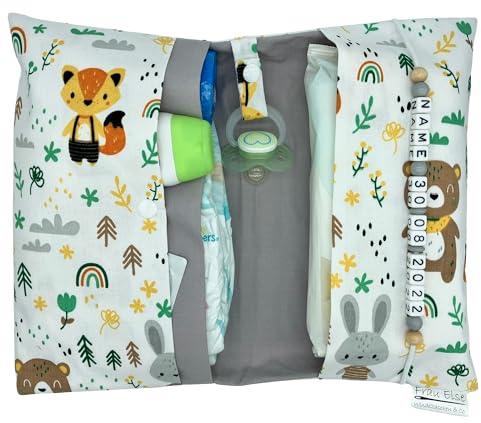 Große Windeltasche XXL mit Name personalisiert Wickeltasche - Bär Fuchs weiß grau grün braun - für Jungen und Mädchen