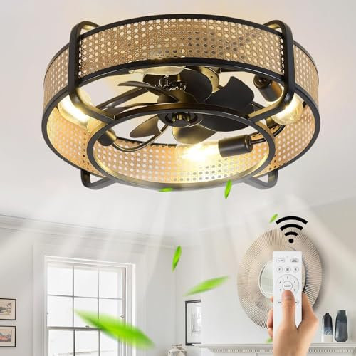 KZT Retro Deckenventilator Mit Beleuchtung und Fernbedienung E27 Bambus Cage Ventilator Deckenlampe Industrial Leise Fan Deckenleuchte für Wohnzimmer Schlafzimmer Esszimmer Kinderzimmer, Schwarz