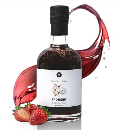 Deligreece Erdbeer Balsamico Essig | Traditionell hergestellter von Kreta | Fruchtiger und milder mit frischen Erdbeeren | Handgemachter Traubenessig aus Griechenland (250ml)