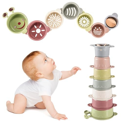 Stapelbecher Baby Spielzeug, 7 Stück Stapelbecher Stapelturm Baby für 1 Jahre, Kinder Badespielzeug Sandspielzeug Becher, Stapelspiel Lernspielzeug Montessori Geschenk ab 6+ Monate Junge Mädchen