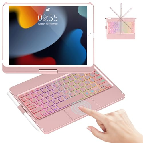 Étui Clavier avec Touchpad pour iPad 9/8/7ème Gén avec 7 Rétroéclairages | Rotatif à 360° Coque pour iPad avec Mise en Veille/Réveil Automatique&Porte-Stylet, AZERTY Français Bluetooth Clavier-Or Rose