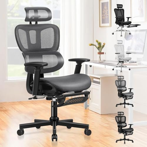 ALFORDSON Silla Oficina Ergonómica Malla, Silla Escritorio Ejecutiva con Soporte Lumbar Ajustable Grande y Alta, Reposabrazos Ajustables y Reposacabezas, para Reuniones Recepción(Gris)