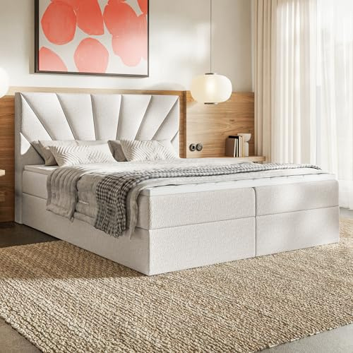 MOTIVENA Aspen Boxspringbett 180x200 mit Bettkasten und Topper, Polsterbett 180x200 mit Bettkasten, Taschenfederkern-Matratze (H3), Visco Memory-Foam Topper (H2), Boucle, Milch (Weiß)