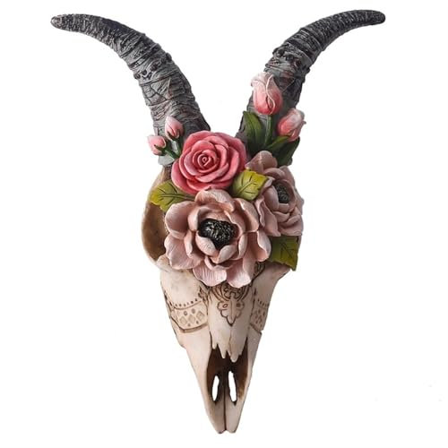 ZPZVEBEKK Bull Head Rose Pendant Ram Skull Wall Sculpture Flower Goat Resin Statue Faux Taxidermy Animal Western Wall Mount Ox Cow Head Ornament Decoration With Horns For Home Office Décor Gifts