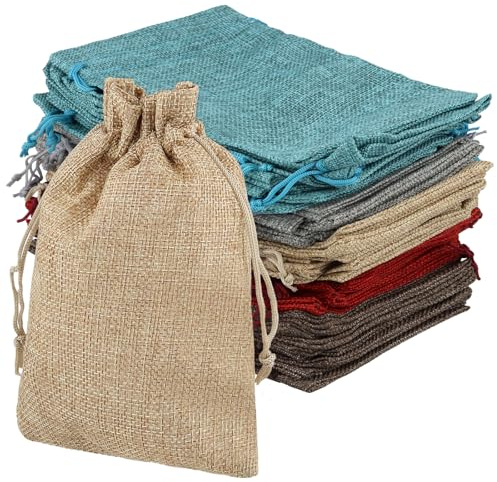 KEILEOHO 50 Stück Jutesäckchen 13 x 18 cm, Kleine Jute Säckchen Jutebeutel mit Kordelzug, Jute Geschenktüte Klein Bunt für Hochzeit, Party, Festival, Wein Rot, Grau, Kaffee, Braun, Schwärzlich Grün