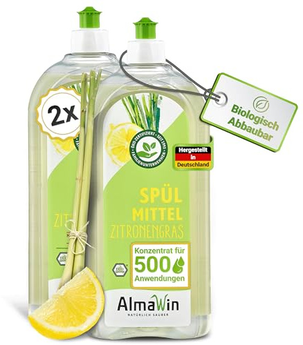 AlmaWin® Spülmittel Öko [2x 1L] mit Zitronengras-Duft - Kraftvolles Geschirrspülmittel flüssig mit hoher Fettlösekraft - Vegan Dish Soap - Biologisch abbaubares & ergiebiges Konzentrat