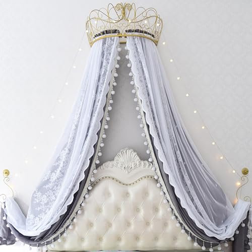 RDWQDGJG Goldene Krone Prinzessin Bett Kinderzimmer Baldachin iffon Metall Krone Moskitonetz mit Pompons, süße dekorative Garn Bett Vorhänge Draperie Spielzelt für s