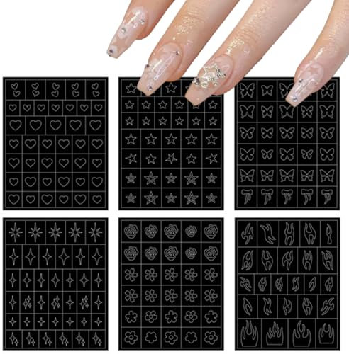 6 Autocollants de Pochoir Pour le Nail Art, Autocollant Ongle, Bricolage, Stickers Ongles Nail Art, Autocollants à Double Usage, Amour, étoiles, Papillons, Starburst, Fleurs, Flammes.