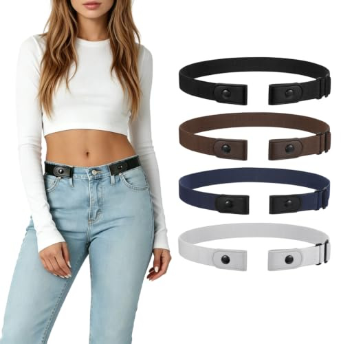 LEACOOLKEY 4 Stück ohne Schnalle Elastischer Stretch Gürtel für Damen Unsichtbarer Justierbarer Keine Schnalle Gürtel für Jeans Hosen