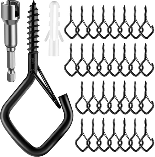30 PCS Q-Hanger Hooks Square, Screw Hooks for Outdoor String Lights | Safety Buckle Design Cup Eye Hook for Hanging Christmas Lights, Plants, Wind Chimes, Wall Ceiling, Include Wing Nut Driver