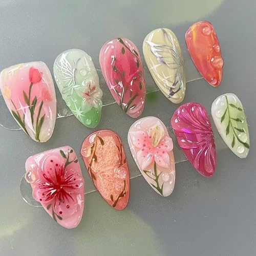 MouyouGlow 30 Pieces Press on Nails Kurz,Almond Gradient French 3D Bubble Blumen Floral Schmetterling Design Y2K Fake Nails mit Nagelkleber,Colourful Flowers Sommer INS Künstliche Fingernägel