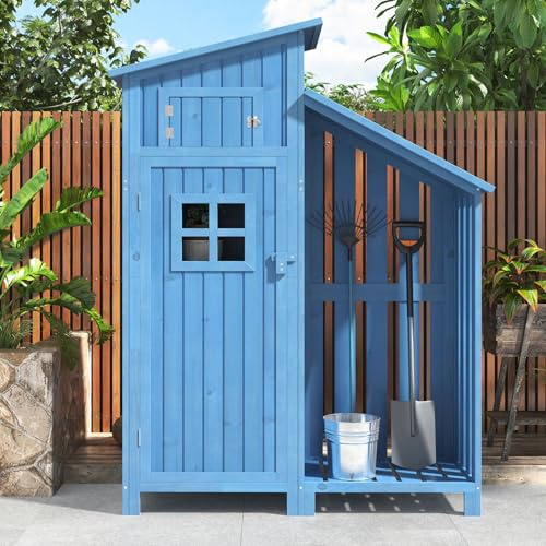 Gerätehaus Holz Geräteschuppen Für Gärten Im Freien, Gartenschrank Gartenhaus Gartenhütte Gerätehäuser Schuppen Klein 124x46x174 Cm,Mit 2 Ablagen, Pvc Dach,Blue