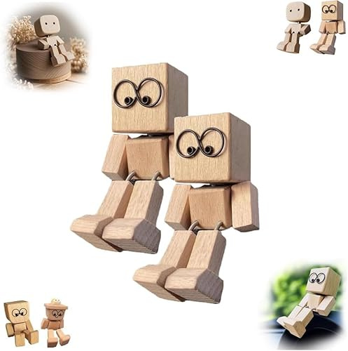 Wackelnder Holzmann,Wackelfigur Auto,Schüttelnde Holzmann-Figur,Charmante kleine Holzfigur,Ausdrücke schwankt,handgefertigte Actionfigur Auto-Ornament,lustige Wackelkopf Armaturenbrett-Dekors (2pc-d)
