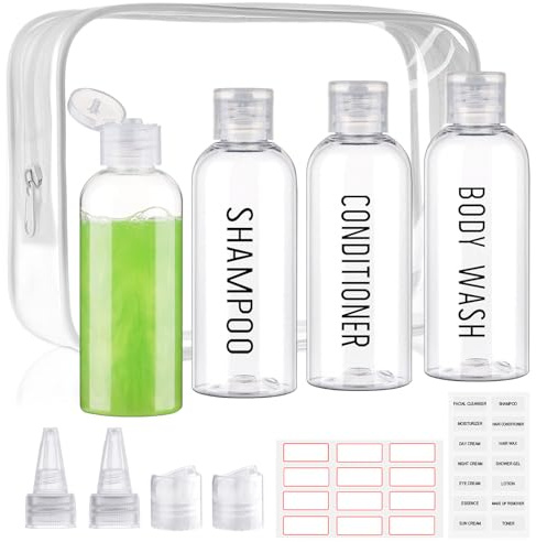 Decorniqu Travel Bottles for Toiletries100ml 4 PCS Pre-labeled Leak Proof Travel Size Toiletries TSA Approved Containers Refillable Squeeze Bottles with Flip Cap and Top Tip Cap(Clear)
