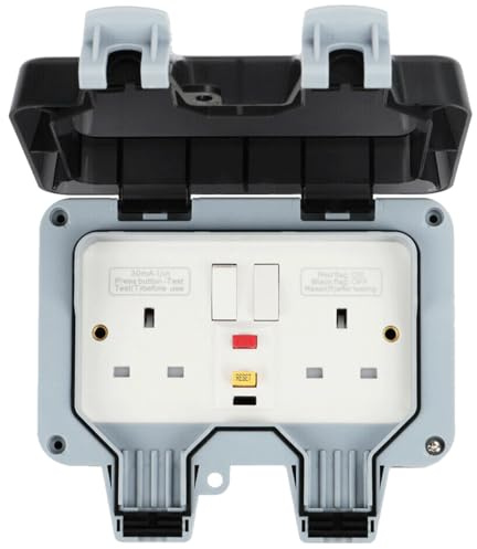 Outdoor RCD Socket, Double Switched Waterproof Sockets 13 Amp 2 Gang IP66 Rated Wall Electrical Outlet