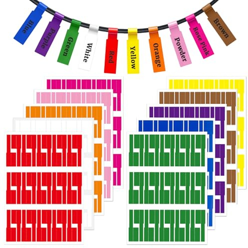AMFUN 300 Stück Kabelbeschriftung, 10 Farben Wasserdicht Kabeletiketten, 10 Blatt Labels Haltbar Kabel Aufkleber, Beschreibbar, für Laserdrucker, Kabelmanagement und Tägliche Markierung