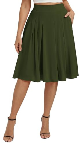Belle Poque Damen Elegante Midi Rock Hochtaillierter A-Linie Basic Plissee Skater Röcke Mit Taschen