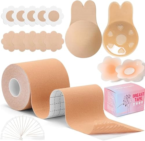 Meiruier Nastro Adesivo per Seno Boob Tape, con Copricapezzoli in Silicone, Copricapezzoli in Tessuto e Biadesivo per Vestiti