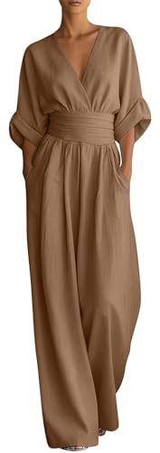 EMUKFD Womens Linen Blend Jumpsuit Summer Elegant Lightweight Short Sleeve V Neck High Waist Romper Playsuit with Pockets Plain Casual Wide Leg All In One Jumpsuits Ladies Comfy Holiday formal Outfits