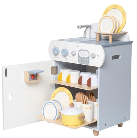MotiveTech Children Kitchen Playthin Pretend Play Toy Dishwasher With Sink Faucet Rack And Shelves Wooden Play Dishes Utensils And Pot Suitable for home playroom preschool activity