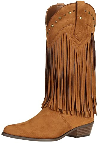 SheSole ladies Fringe Cowboy Boots for Women Riding Wide Calf Brown UK 5