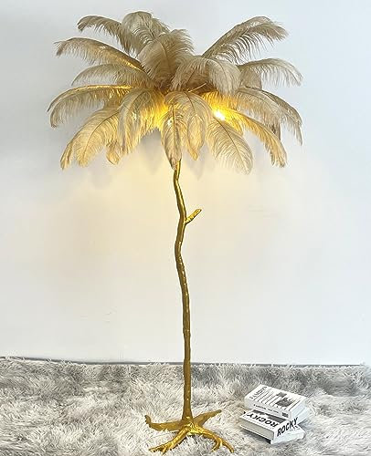 LED Lampadaire Plume, Lampe Sur Pied Salon Moderne à Intensité Variable, Résine Lampadaire Plumes D'Autruche Naturelle, Lampe Romantique en Plume 160 cm de Haut Pour Chambre
