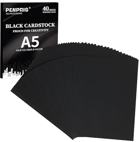 papier épais, 110 lb, idéal pour l'art et la fabrication de cartes, l'artisanat et l'impression, noir, 40 feuilles, format A5, 300 g/m²
