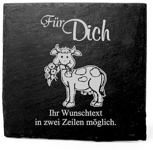 Deko Schiefer Untersetzer personalisiert niedliche Kuh mit Blume - Für Dich - 11x11cm Schwarz Bierdeckel Tischdeko Bieruntersetzer Weinuntersetzer