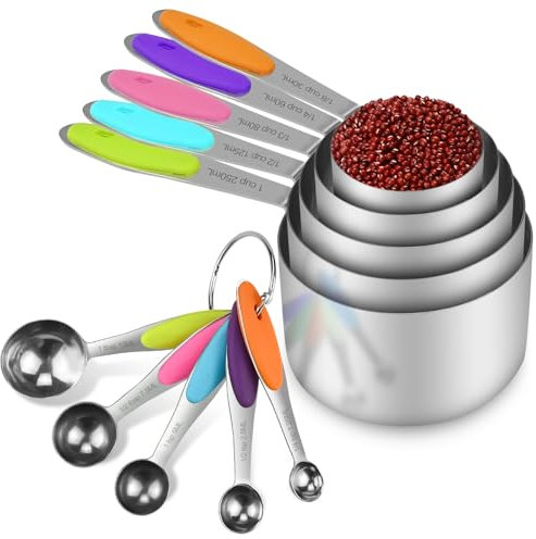 10 Pcs Measuring Cups and Spoons Set, Premium Stainless Steel Measuring Spoons Set with Engraved Scale, 5 Cups & 5 Spoons with 2 O-Rings Stackable Handle Accurate Tablespoon for Baking Liquid & Solid
