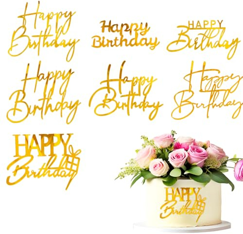 Amabro Happy Birthday Gold Cake Topper, 8 PCS Golden Happy Birthday Cake Decoration Set, Acrylic Mirror Cake Topper Inserts Accessories Birthday Cake Decorations for Anniversary Birthday
