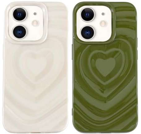Buoluoioir 2 Stück Hülle für iPhone 12/12 Pro 6,1, Handyhülle mit Niedliches Herz Muster Design Aesthetic Schutzhülle, Weichem TPU Silikon 3D-Wellenherz Stoßfest Kratzfeste Bumper Case, Weiß&Grün