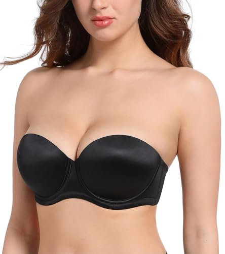 Lemorosy Damen Trägerloser BH Push Up Große Größen Starker Halt Gepolsterte Bügel Multiway Bra Abnehmbare Träger (Schwarz,80A)