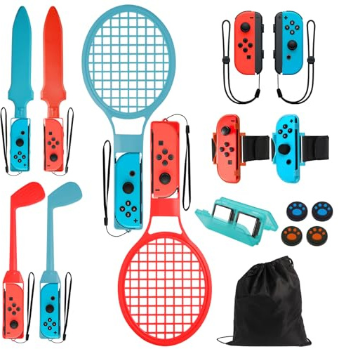 Switch Sport Zubehör, iulrtba 16 in 1 Switch Sport Set Bundle für Switch/Switch OLED Sport, Familien Zubehör Kit mit Beingurte, Tennisschläger, Golfschläger,Schwertern, Handgelenkschlaufen,Tragetasche
