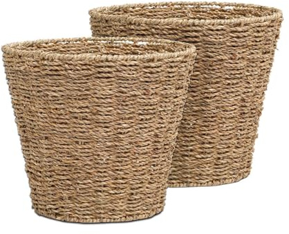 VIVAAS Pack Of 2 Seagrass Round Waste Paper Bin Basket Storage Ideal For Home, Office, Bedrooms, Kitchen, Bathroom Wastebasket for Garbage And Rubbish Seagrass Waste Basket Wicker Trash Can