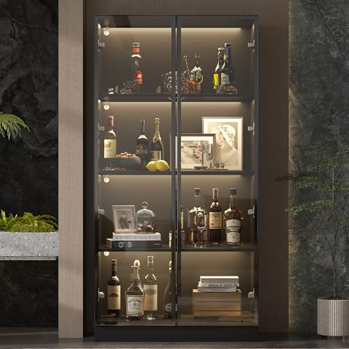 PREMTURE 63 Display Cabinet with Glass Doors, 4-Tier Curio Storage Cabinet with 3 Color LED Lights, Glass Display Cabinet with Aluminium Frame Doors for Office Living Room Bedroom, Black