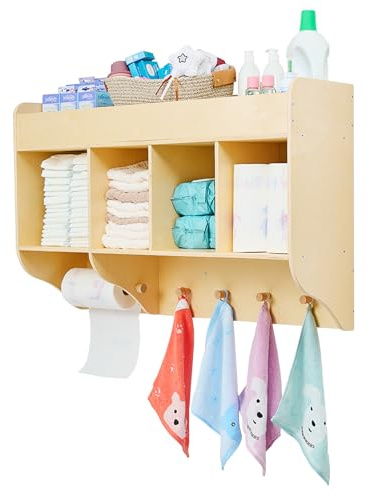 Monläurd® 100% Birch Diaper Organizer for Wall – Wooden Wall Mounted Storage Shelf for Nursery & Daycare, Baby Changing Table Organizer with Hooks & Towel Holder