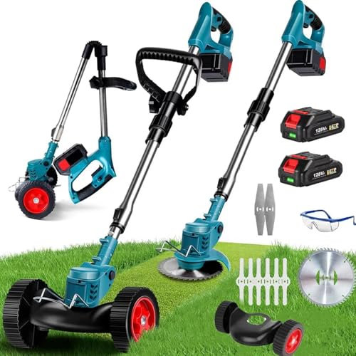 Billg Desbrozadora Electrica 21v Electrica Retráctil Cortacésped Cuchilla Desbrozadora Manual 3 en 1, Cortadora de césped Plegable con Ruedas CortacéSped InaláMbrica para césped y jardín