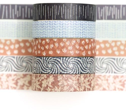 Songdao 5 rouleaux Fantaisie Washi Tape Set, Texture Arts Ruban Adhésif Décoratif Motifs de base Masking Tapes pour Arts, Bullet Journal, Scrapbooking, Bricolage, Emballage (1 abstrait terreux)