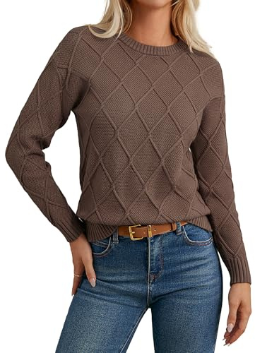 GRACE KARIN Damen Pullover Langarm Rundhals Elegant Strickpullover mit Rautenmuster Herbst Khaki L